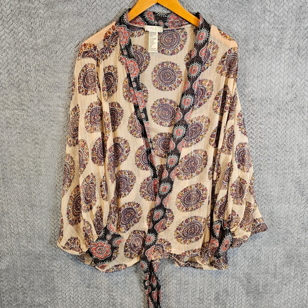 Free People Kantha Shimmer Tie Front Kimono Medallion Metallic Boho Tan Red S/M